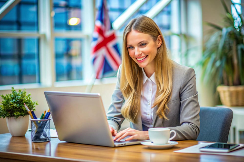 Female accountant in London working on a laptop in a modern office with UK flag in background